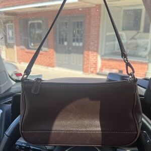 Coach Dark Brown Leather Shoulder Bag with Stitch-Trim Tag